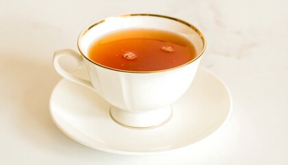 Delicate porcelain teacup filled with amber liquid