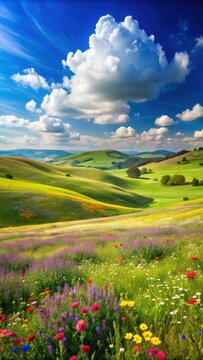 Rolling hills with vibrant green grass and colorful wildflowers in a spring landscape with a serene blue sky and fluffy white clouds