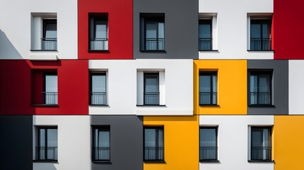 A geometrically arranged apartment building facade, showcasing vibrant color panels and numerous windows.