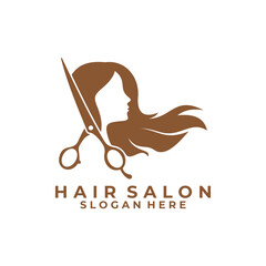 Hair salon logo design vector. Beauty women long hair with scissors