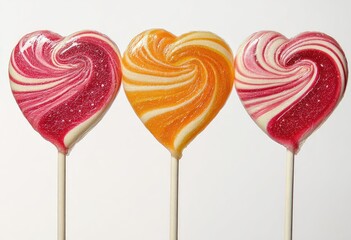 Three heart-shaped lollipops in vibrant colors