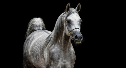 A majestic dapple gray horse poses with grace and power in a dramatic studio portrait.