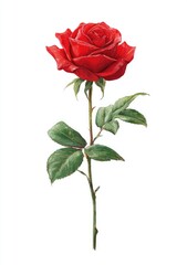 Single red rose with green leaves on a stem against a white background.  Detailed botanical illustration