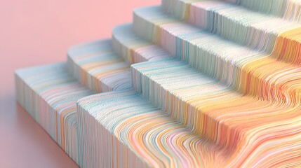 Fototapeta premium A multi-layered, colorful stair-like structure composed of thin, flowing lines, creating an abstract, vibrant design.