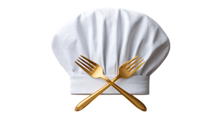 Chef's hat with crossed golden forks, symbolizing culinary arts.