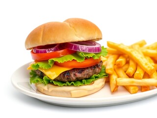 Juicy cheeseburger with fresh toppings and golden french fries on a white plate