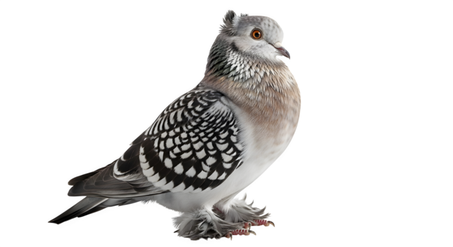 Fancy pigeon with patterned feathers stands against a alone