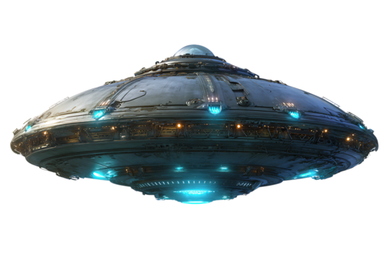 Futuristic UFO hovering, extraterrestrial invasion concept.