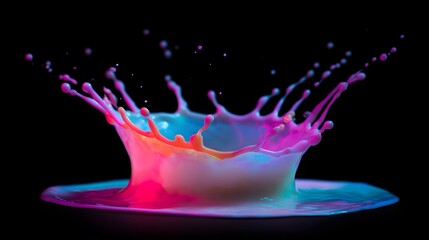 Vibrant, colorful splash of liquid, illuminated by vibrant hues against a dark background, showcasing a dynamic, artistic burst of color.