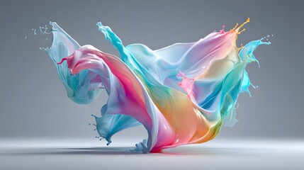 Obraz premium A vibrant, dynamic display of multicolored paint splashes, swirling into a dramatic, fluid form against a neutral backdrop.
