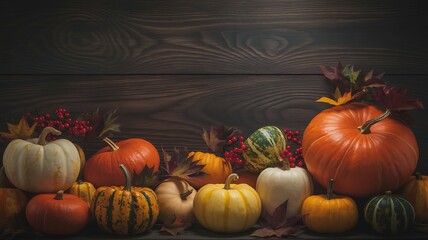 Colorful Assorted Pumpkins and Gourds on Rustic Wooden Background