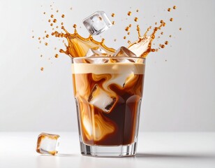 Iced Coffee in Glass with Milk Swirl and Splashes of Cold Brew