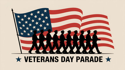 Veterans day parade illustration with soldiers and american flag waving
