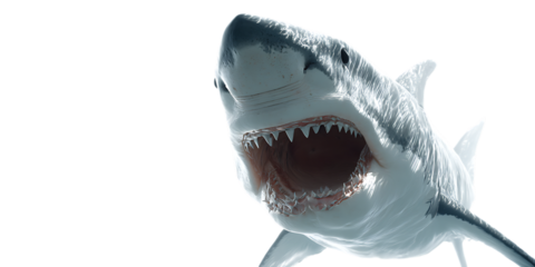A great white shark with its jaws open against a black background.