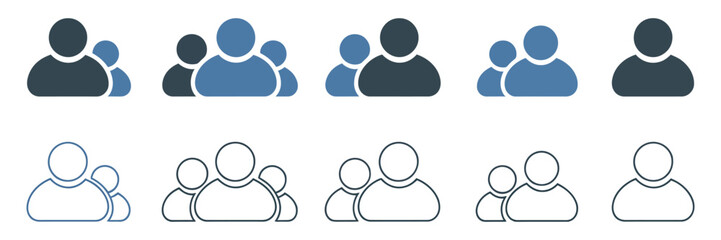 Set of people group icons in flat and line art design. Vector symbols representing users, team, community, and social network connections