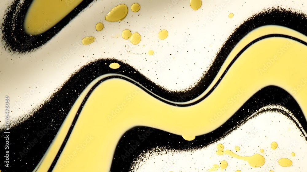 Poster intricate swirling patterns of black and yellow paint, dotted with golden specks, create a dynamic a