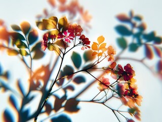 Close-up of colorful flowers and leaves, with dramatic shadows