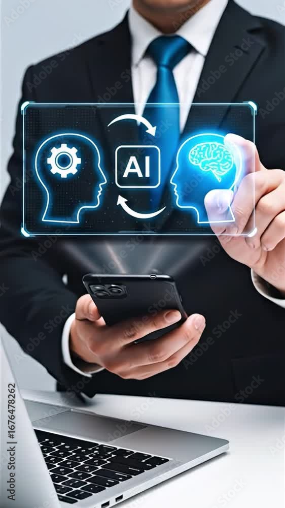 Poster businessman using smartphone and laptop while drawing holographic ai interface with human head icons