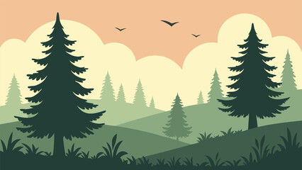 Obraz premium Evergreen trees dot rolling hills beneath a pale sky with birds in simple flat art