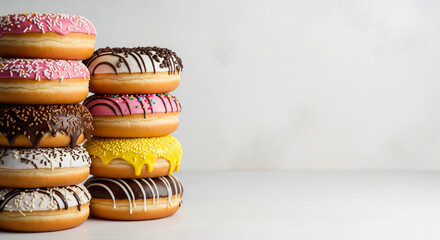 A delicious stack of freshly baked, colorful donuts with various sweet glazes and sprinkles, perfect for a sugary delight or a celebratory snack