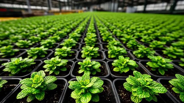 Rows of vibrant mint plants growing in a greenhouse during daylight hours