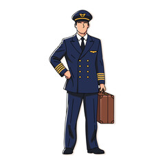 vector illustration of a male pilot wearing full pilot uniform with cap and badges, holding a suitcase, standing confidently.  Plain white background.