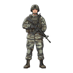 vector illustration of a male soldier wearing full camouflage uniform, boots, helmet, and holding a rifle (training/guard duty), standing confidently. Plain white background.