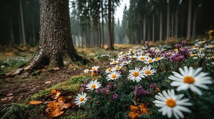 Peaceful Forest Floor with Blooming Micro Flowers and Moss 