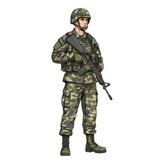 vector illustration of a male soldier wearing full camouflage uniform, boots, helmet, and holding a rifle (training/guard duty), standing confidently. Plain white background.