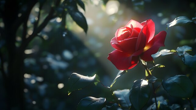 A close-up of a red rose in bloom, surrounded by dark green leaves with sunlight filtering through 
