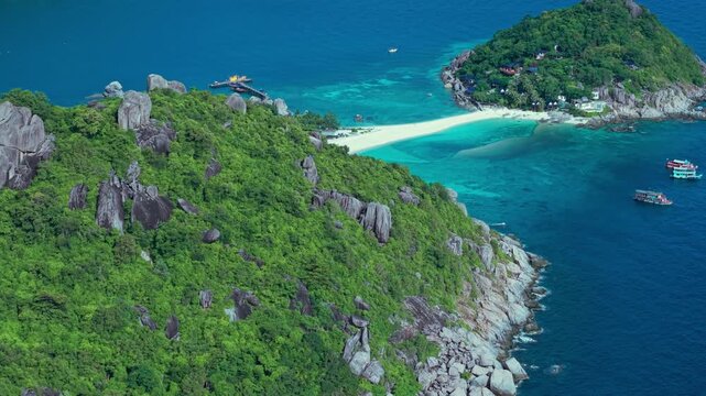 Koh Nang Yuan, Koh Tao island Thailand Aerial drone Flyover. Beach, mountain and jungle, sand blue turquoise water.