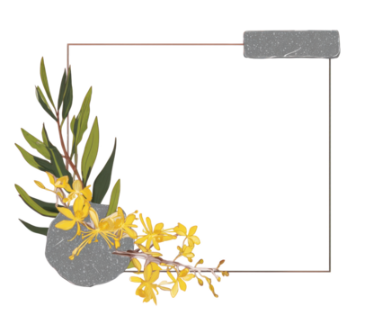 Floral arrangement with yellow flowers and green leaves in a square frame blossoms isolated on a transparent background