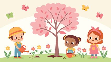Three children plant flower seeds near a pink tree with butterflies in the garden
