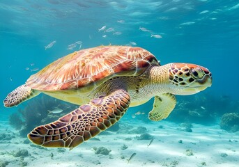 Fototapeta premium Sea Turtle Gliding Over Coral Reef
