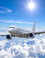 Obraz premium Airplane soaring through fluffy clouds on a bright day