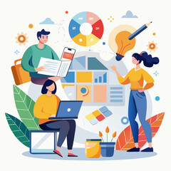 Team collaborating on a design project with data charts