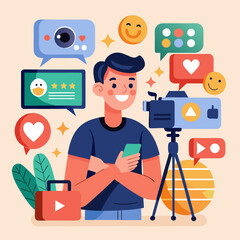 Man creating video content with camera and social media