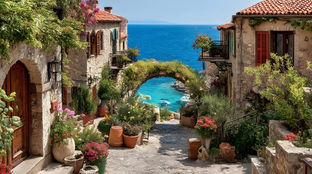 A picturesque coastal village street with charming stone buildings, vibrant flowers, and a beautiful view of the azure sea.