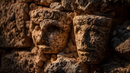Ancient stone carvings, weathered and detailed, showcase intricate faces within a substantial stone wall.