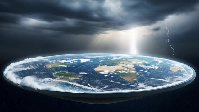 A dramatic depiction of the Flat Earth theory, showing the world as a disc under a dark, stormy sky with lightning striking.