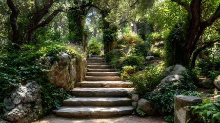 Obraz premium Stone steps wind through a lush, sun-drenched garden, leading through a tranquil woodland setting.