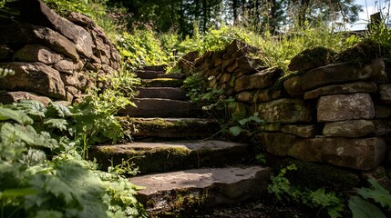 Rustic stone steps wind through a verdant garden, shaded by lush foliage and illuminated by natural light.