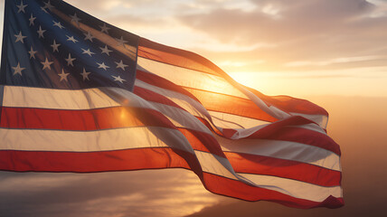 American flag waving against a golden sunset sky, symbolizing freedom and patriotism