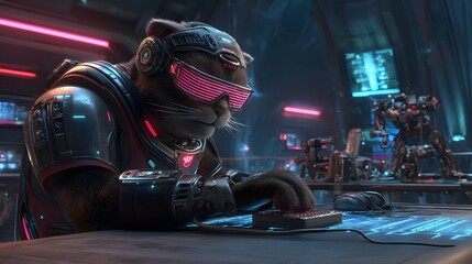 A futuristic feline engineer, clad in advanced armor, focuses intently on a futuristic keyboard in a high-tech workshop, bathed in vibrant neon light.