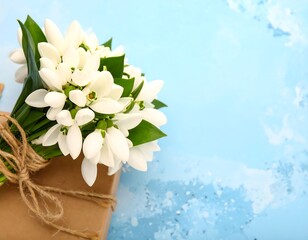 Delicate snowdrops on a light blue background