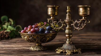 A decorative antique brass candle holder with grapes in a vintage bowl on a wooden surface.