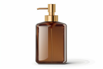 Fototapeta premium Clear brown glass bottle with golden pump with liquid inside isolated on white background. Square shape dark amber packaging. Shampoo, sanitizer, soap dispenser. 3d vector bottle mockup template isola