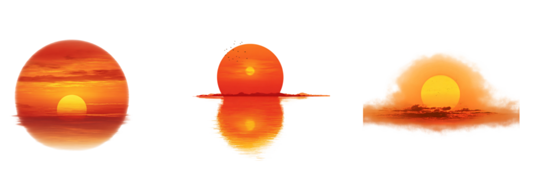 Three Beautiful Sunsets Over Water With Reflections And Clouds isolated on transparent background.