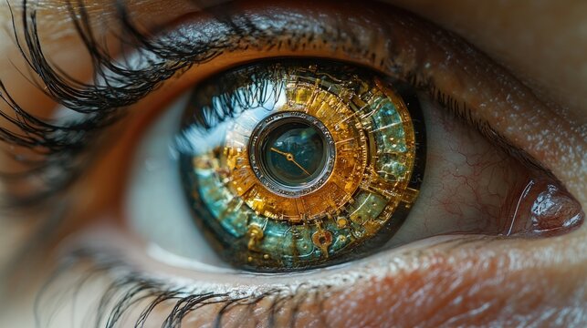 Close-up of an eye with a steampunk-style contact lens.  Complex, intricate design of gears and clockwork