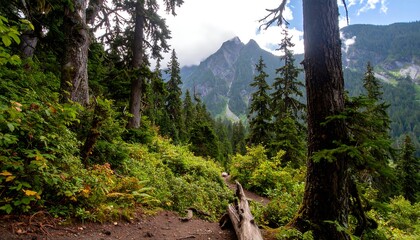Lush forest path leading to mountains